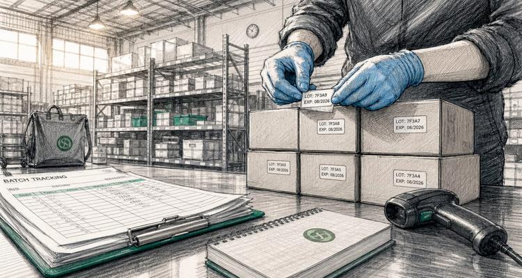 Hands labeling batch lot numbers on boxes