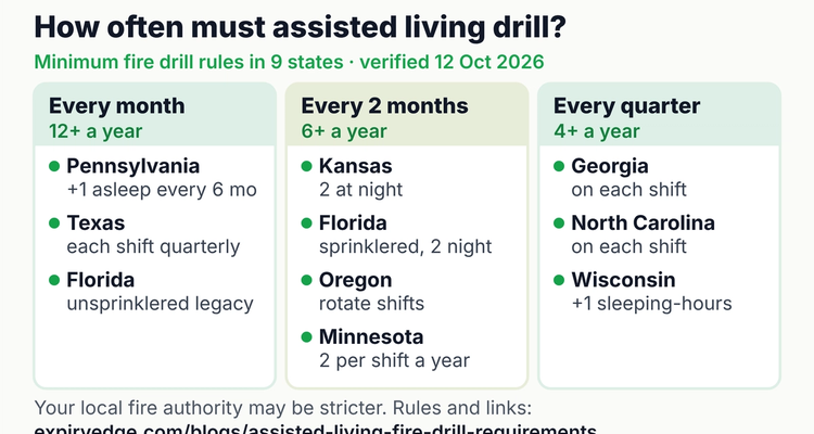 Assisted living fire drill requirements by state grouped by frequency: monthly in Pennsylvania, Texas and unsprinklered legacy Florida; every two months in Kansas, sprinklered Florida, Oregon and Minnesota; quarterly in Georgia, North Carolina and Wisconsin
