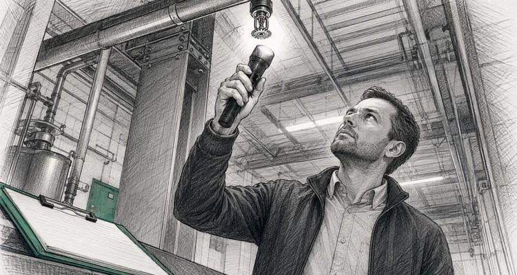 Facilities manager inspecting fire sprinkler