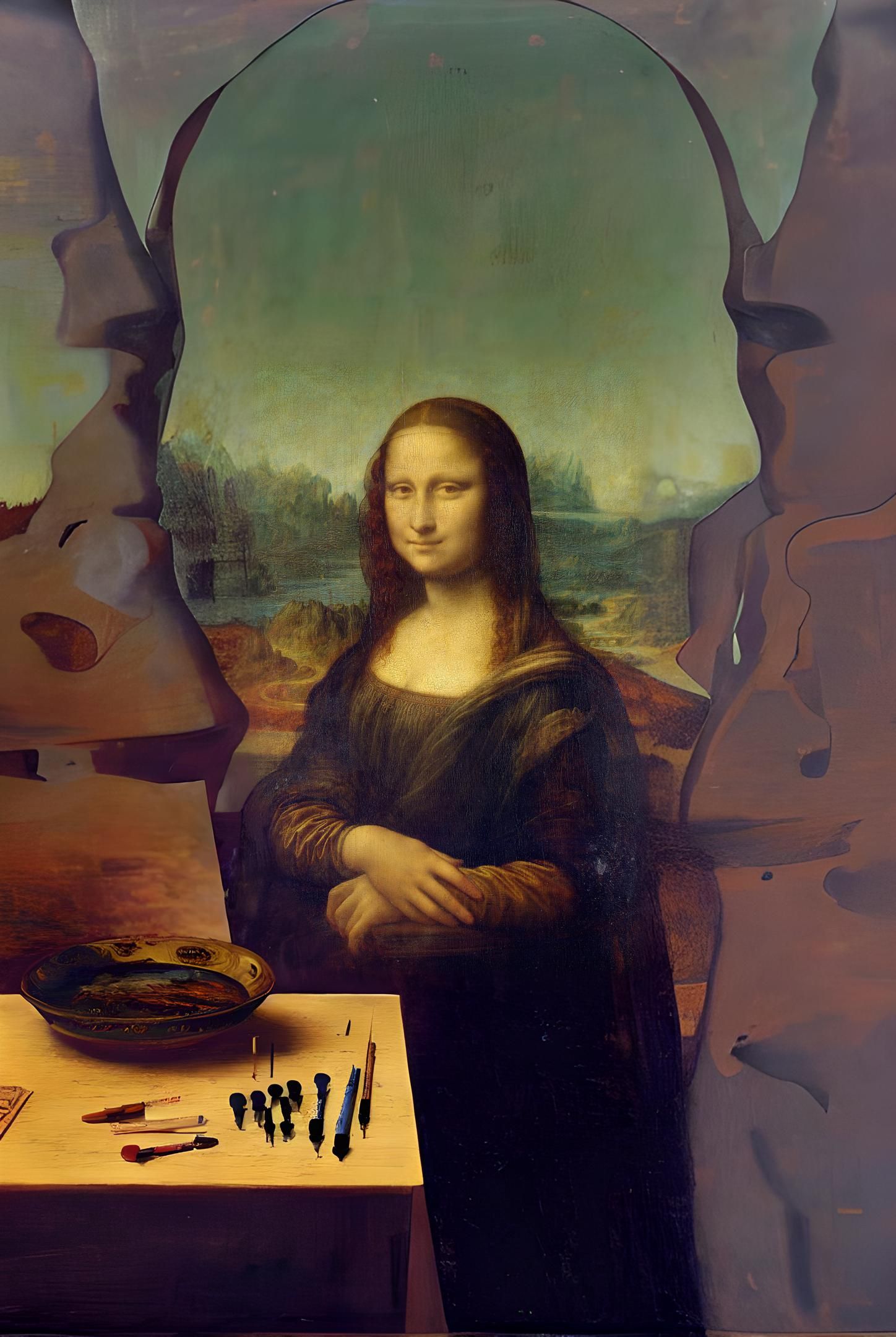 a zoomed out depiction of the famous Mona Lisa sitting in front a table with art supplies