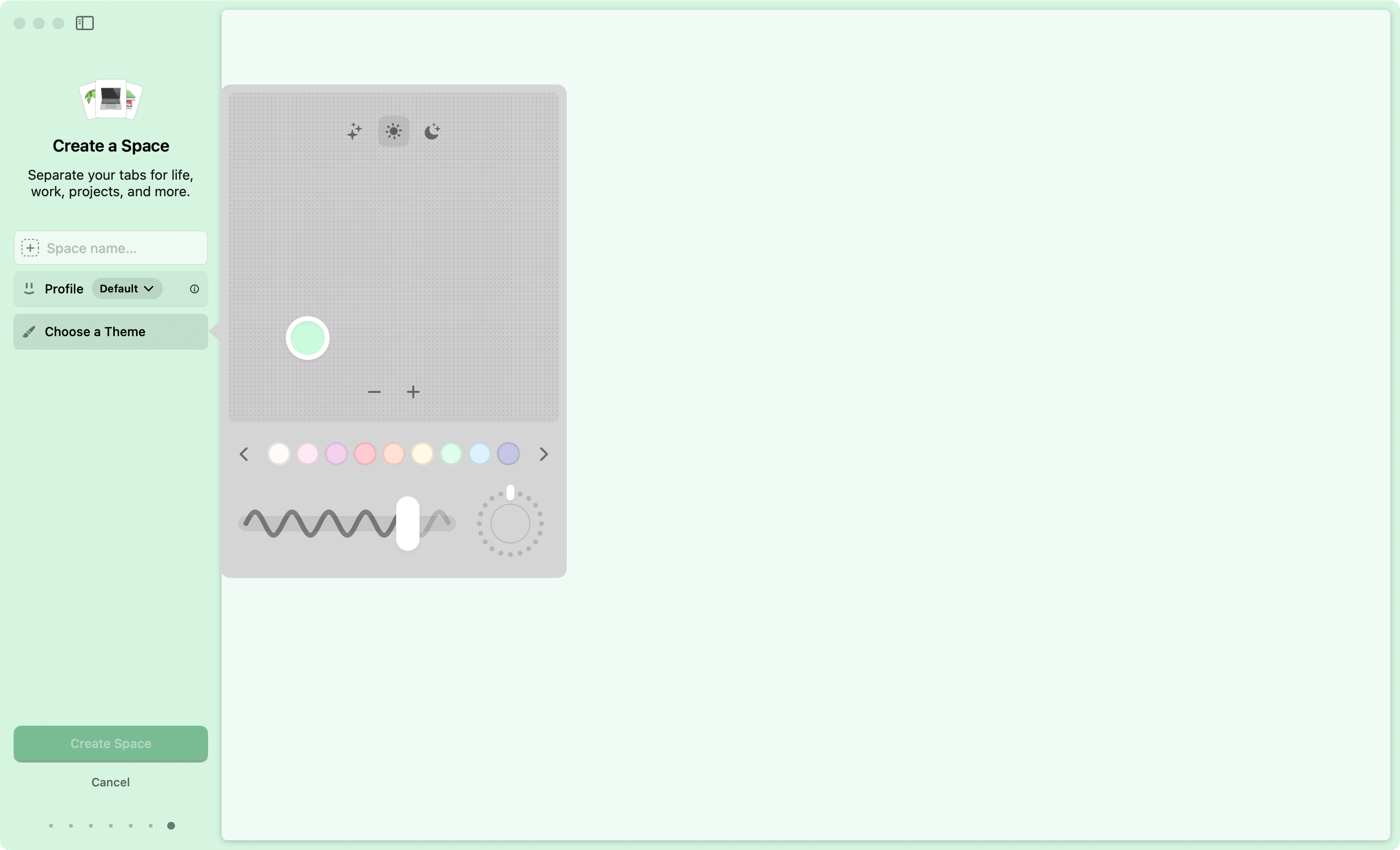 arc space creation screen with the color theme modal overlayed and set to a light green color