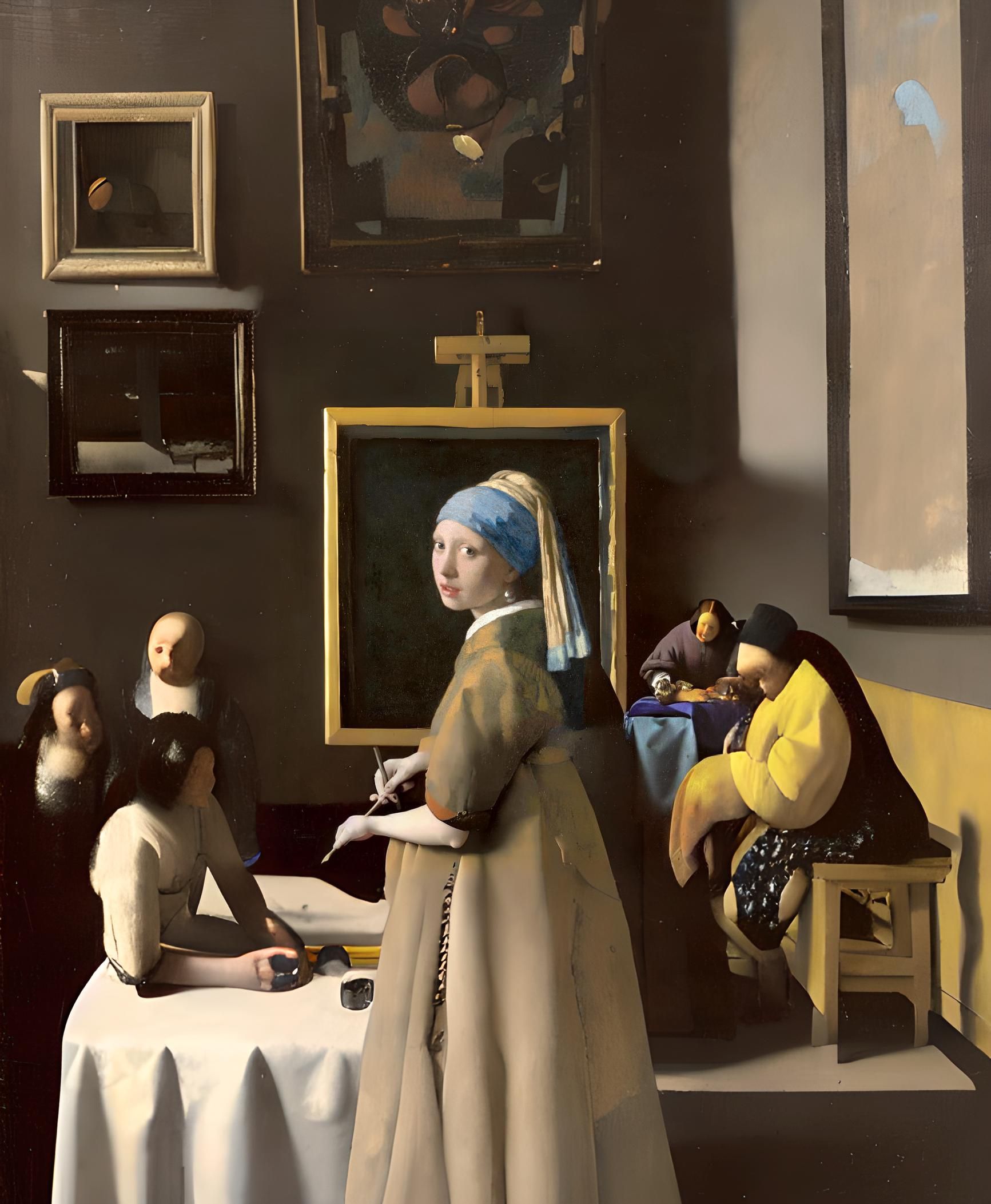 a zoomed out depiction of the famous Girl with a Pearl Earring in front of a blank canvas with vague figures surrounding her