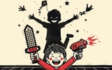 A linocut of a grinning child at play holding a fearsome-looking blocky toy sword and toy blaster, while the large shadow cast on the wall behind is gentle and harmless — an ordinary child jumping with arms wide among a kite and stars. The menacing toy and the innocent shadow deliberately do not match. Deep charcoal ink on warm cream with the toy weapons picked out in a single crimson accent.