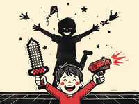 A linocut of a grinning child at play holding a fearsome-looking blocky toy sword and toy blaster, while the large shadow cast on the wall behind is gentle and harmless — an ordinary child jumping with arms wide among a kite and stars. The menacing toy and the innocent shadow deliberately do not match. Deep charcoal ink on warm cream with the toy weapons picked out in a single crimson accent.