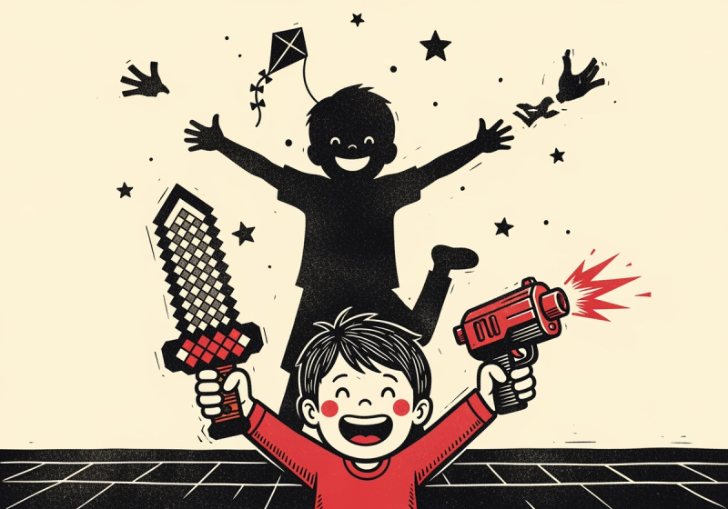 A linocut of a grinning child at play holding a fearsome-looking blocky toy sword and toy blaster, while the large shadow cast on the wall behind is gentle and harmless — an ordinary child jumping with arms wide among a kite and stars. The menacing toy and the innocent shadow deliberately do not match. Deep charcoal ink on warm cream with the toy weapons picked out in a single crimson accent.