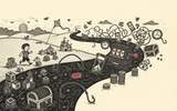 A linocut river of play flowing from left to right: at the calm source a child runs with a kite past a sandcastle and loose building blocks; downstream the current fills with hourglasses, a slot machine, stacked coins, fishing hooks and a treasure chest, with a single crimson coin caught mid-stream.