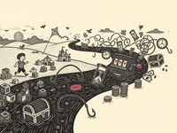 A linocut river of play flowing from left to right: at the calm source a child runs with a kite past a sandcastle and loose building blocks; downstream the current fills with hourglasses, a slot machine, stacked coins, fishing hooks and a treasure chest, with a single crimson coin caught mid-stream.