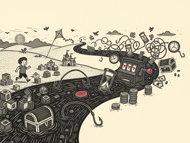 A linocut river of play flowing from left to right: at the calm source a child runs with a kite past a sandcastle and loose building blocks; downstream the current fills with hourglasses, a slot machine, stacked coins, fishing hooks and a treasure chest, with a single crimson coin caught mid-stream.