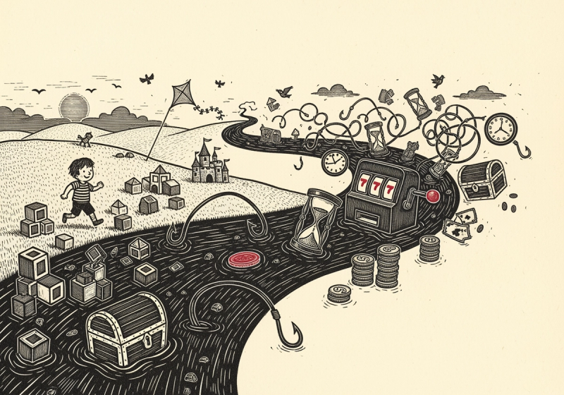 A linocut river of play flowing from left to right: at the calm source a child runs with a kite past a sandcastle and loose building blocks; downstream the current fills with hourglasses, a slot machine, stacked coins, fishing hooks and a treasure chest, with a single crimson coin caught mid-stream.