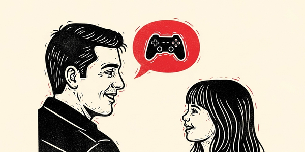 Linocut illustration of a parent and child in conversation with a game controller inside a speech bubble between them.
