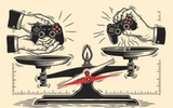 A linocut of a balance scale — a controller resting calmly in an open palm on one pan and a hand grasping eagerly for a controller on the other; deep charcoal ink on warm cream with a single crimson pivot needle.