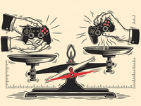 A linocut of a balance scale — a controller resting calmly in an open palm on one pan and a hand grasping eagerly for a controller on the other; deep charcoal ink on warm cream with a single crimson pivot needle.