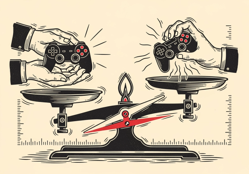 A linocut of a balance scale β a controller resting calmly in an open palm on one pan and a hand grasping eagerly for a controller on the other; deep charcoal ink on warm cream with a single crimson pivot needle.