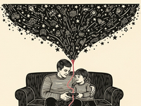 A linocut of an adult and a child sitting shoulder to shoulder on a couch, a single shared controller-cord looping between them and up into a constellation of stars and play-icons above; deep charcoal ink on warm cream with a single crimson thread linking their hands.