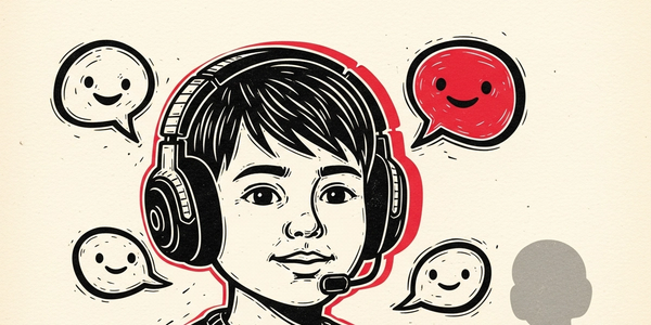 Linocut illustration of a child in a gaming headset surrounded by speech bubbles, with a shadowy figure at the edge.