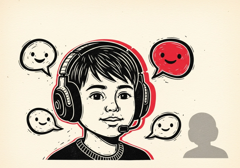 Linocut illustration of a child in a gaming headset surrounded by speech bubbles, with a shadowy figure at the edge.