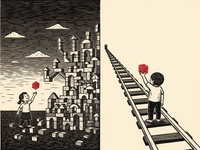 A linocut split scene — on the left a child building a sprawling open structure from loose blocks under an open sky, on the right the same child on a single narrow track between two fixed rails heading toward one doorway; deep charcoal ink on warm cream with a single crimson block in the child's hand.