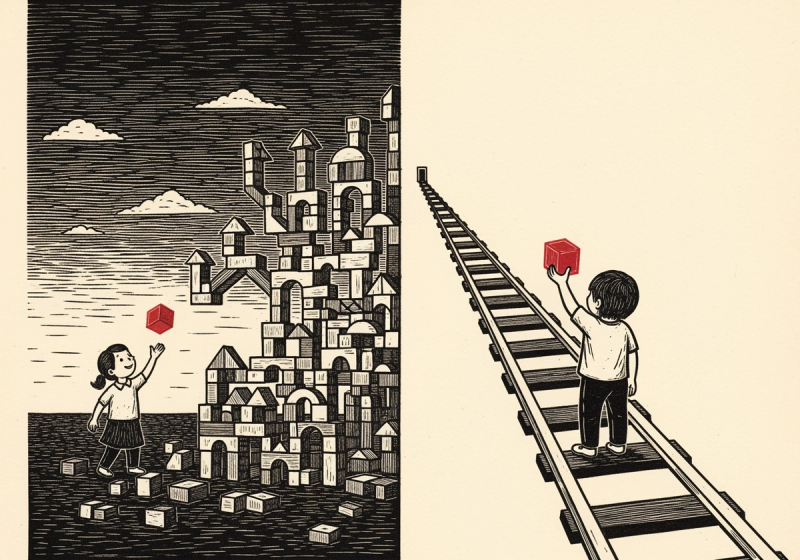 A linocut split scene β on the left a child building a sprawling open structure from loose blocks under an open sky, on the right the same child on a single narrow track between two fixed rails heading toward one doorway; deep charcoal ink on warm cream with a single crimson block in the child's hand.