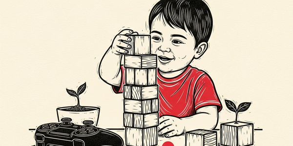 Linocut illustration of a young child stacking blank wooden blocks beside a game controller and a sprouting plant.