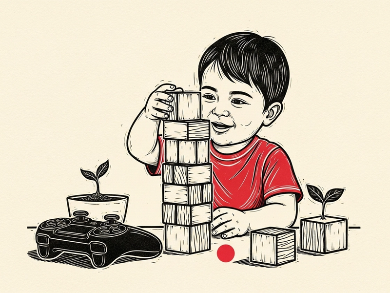 Linocut illustration of a young child stacking blank wooden blocks beside a game controller and a sprouting plant.
