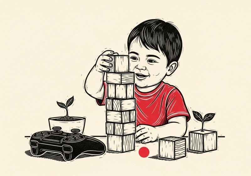 Linocut illustration of a young child stacking blank wooden blocks beside a game controller and a sprouting plant.