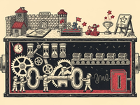 A linocut cutaway of a clockwork machine — gears, hourglasses, timed chests on a conveyor and a coin slot below; a tiny walled village and battle arena on top — the works behind a mobile game made visible.