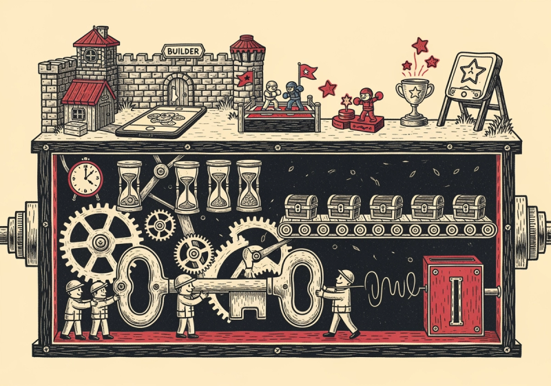 A linocut cutaway of a clockwork machine — gears, hourglasses, timed chests on a conveyor and a coin slot below; a tiny walled village and battle arena on top — the works behind a mobile game made visible.