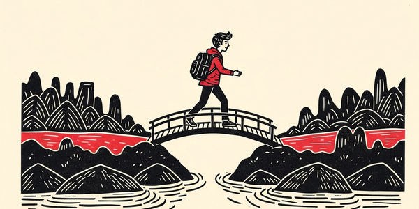Linocut illustration of a teenager crossing a small bridge from a little island toward a larger continent.