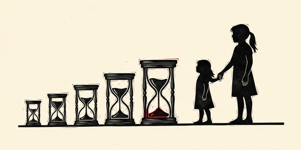 Linocut illustration of hourglasses growing larger beside a parent and child silhouette.