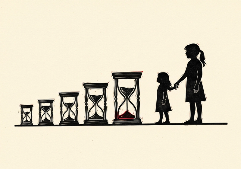 Linocut illustration of hourglasses growing larger beside a parent and child silhouette.