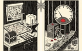 A linocut diptych under a single frost-star. On the left, a craftsman's workbench: a fantasy map pinned to the wall, a sword driven into an anvil, a sealed unmarked game box, a strategy board, chisels and a treasure chest — a finished, complete game at rest. On the right, the same world fed through a storefront machine: a slot machine, a coin conveyor tended by tiny workers, stacks of coins, and a large round meter-gauge with a single sweeping needle ticking toward a red danger zone — the recurring-revenue engine.