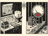 A linocut diptych under a single frost-star. On the left, a craftsman's workbench: a fantasy map pinned to the wall, a sword driven into an anvil, a sealed unmarked game box, a strategy board, chisels and a treasure chest — a finished, complete game at rest. On the right, the same world fed through a storefront machine: a slot machine, a coin conveyor tended by tiny workers, stacks of coins, and a large round meter-gauge with a single sweeping needle ticking toward a red danger zone — the recurring-revenue engine.