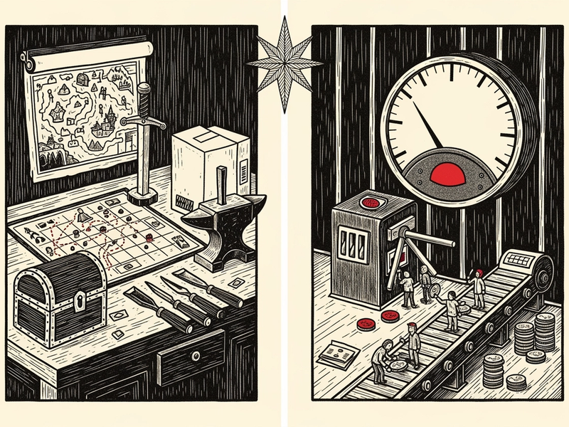 A linocut diptych under a single frost-star. On the left, a craftsman's workbench: a fantasy map pinned to the wall, a sword driven into an anvil, a sealed unmarked game box, a strategy board, chisels and a treasure chest — a finished, complete game at rest. On the right, the same world fed through a storefront machine: a slot machine, a coin conveyor tended by tiny workers, stacks of coins, and a large round meter-gauge with a single sweeping needle ticking toward a red danger zone — the recurring-revenue engine.