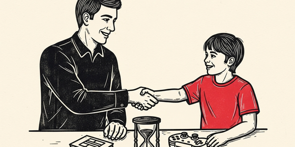 Linocut illustration of a parent and child shaking hands over an hourglass and a game controller.