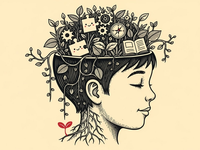 A linocut of a child's head in profile rendered as an open botanical garden — gears, a puzzle piece, a compass rose and small sprouting plants growing where the brain would be, deep charcoal ink on warm cream with a single crimson seedling at the centre.