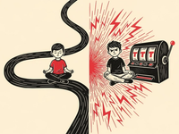 A linocut diptych — on one side a child seated calmly inside a single smooth flowing river-line, on the other the same child wired with jagged radiating spark-lines and a slot-machine reel; deep charcoal ink on warm cream, the spark-lines picked out in a single crimson accent.