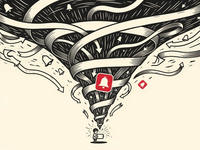 A linocut of a child seated small at the centre of a vast funnel of blank scrolling ribbons, bell-shaped notification icons and looping arrows all spiralling inward toward the screen in their hands; deep charcoal ink on warm cream with a single crimson notification bell.