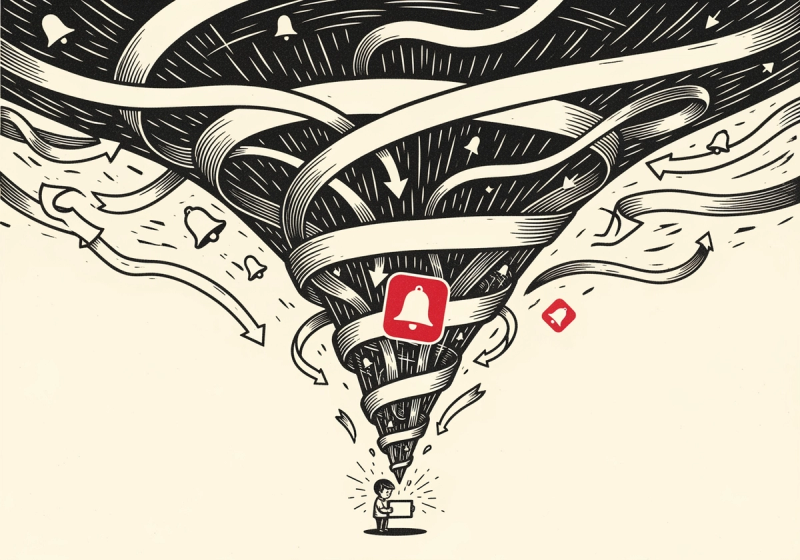 A linocut of a child seated small at the centre of a vast funnel of blank scrolling ribbons, bell-shaped notification icons and looping arrows all spiralling inward toward the screen in their hands; deep charcoal ink on warm cream with a single crimson notification bell.