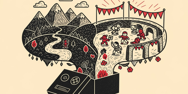 Linocut illustration of a game controller wired by glowing threads to small floating islands.