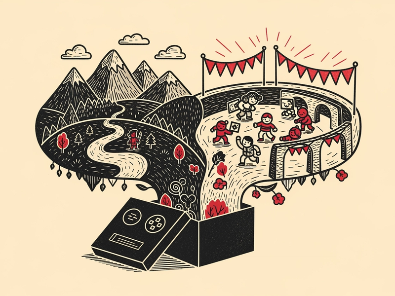 Linocut illustration of a game controller wired by glowing threads to small floating islands.