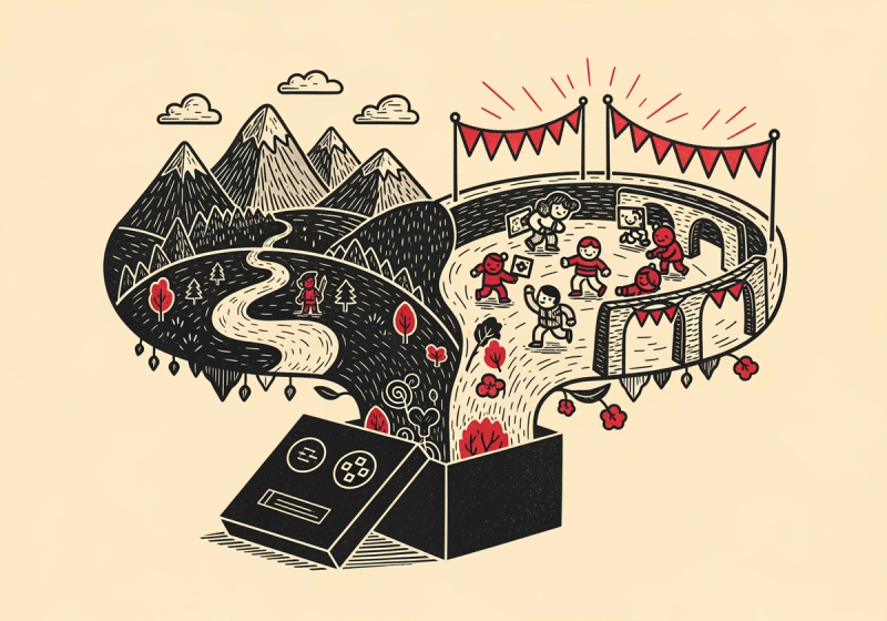 Linocut illustration of a game controller wired by glowing threads to small floating islands.