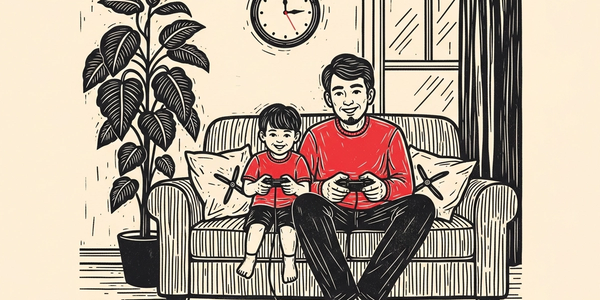 Linocut illustration of a parent and child playing games together on a sofa beside a houseplant and a wall clock.