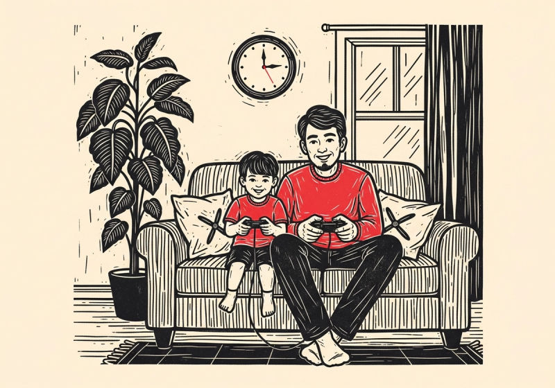 Linocut illustration of a parent and child playing games together on a sofa beside a houseplant and a wall clock.