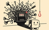 A linocut of a friendly cartoon game mascot whose shadow on the wall behind it is a tangle of hooks, fishing lines and a slot-machine lever; deep charcoal ink on warm cream with a single crimson hook picked out in the shadow.