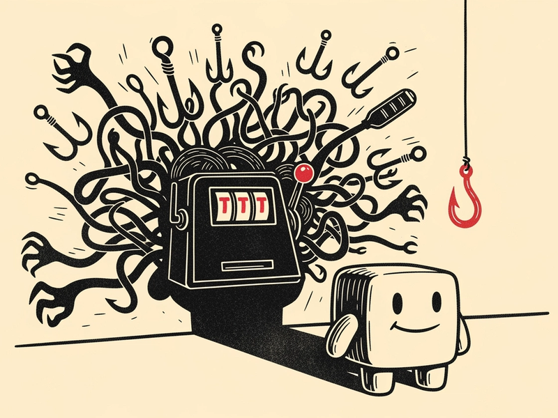 A linocut of a friendly cartoon game mascot whose shadow on the wall behind it is a tangle of hooks, fishing lines and a slot-machine lever; deep charcoal ink on warm cream with a single crimson hook picked out in the shadow.
