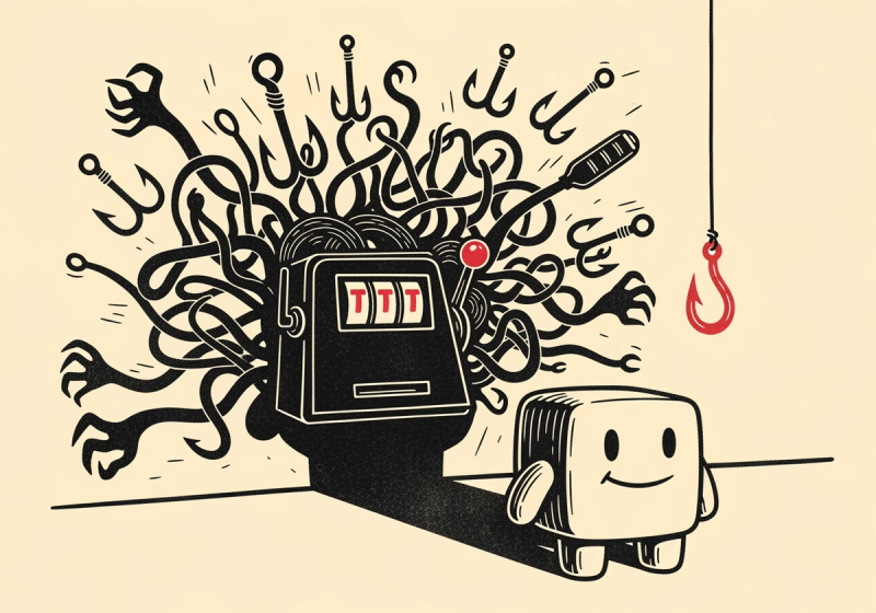 A linocut of a friendly cartoon game mascot whose shadow on the wall behind it is a tangle of hooks, fishing lines and a slot-machine lever; deep charcoal ink on warm cream with a single crimson hook picked out in the shadow.