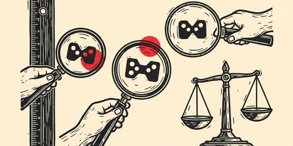 Linocut illustration of a ruler, magnifying glasses and a balance scale examining an abstract game shape.