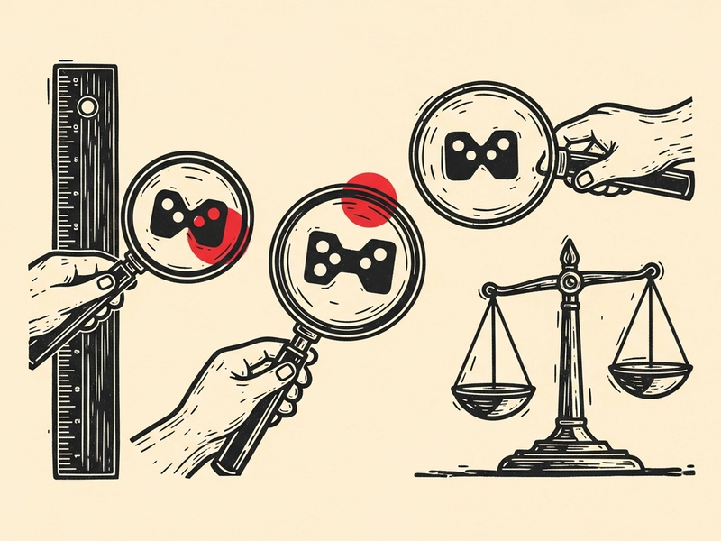 Linocut illustration of a ruler, magnifying glasses and a balance scale examining an abstract game shape.