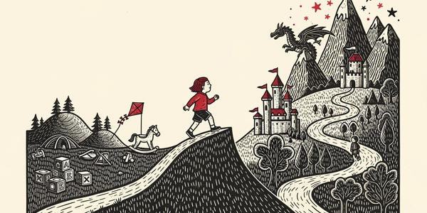 Linocut illustration: a ten-year-old strides up a path from a small world of toy blocks and a rocking horse toward a bigger landscape of castles, mountains and a dragon.