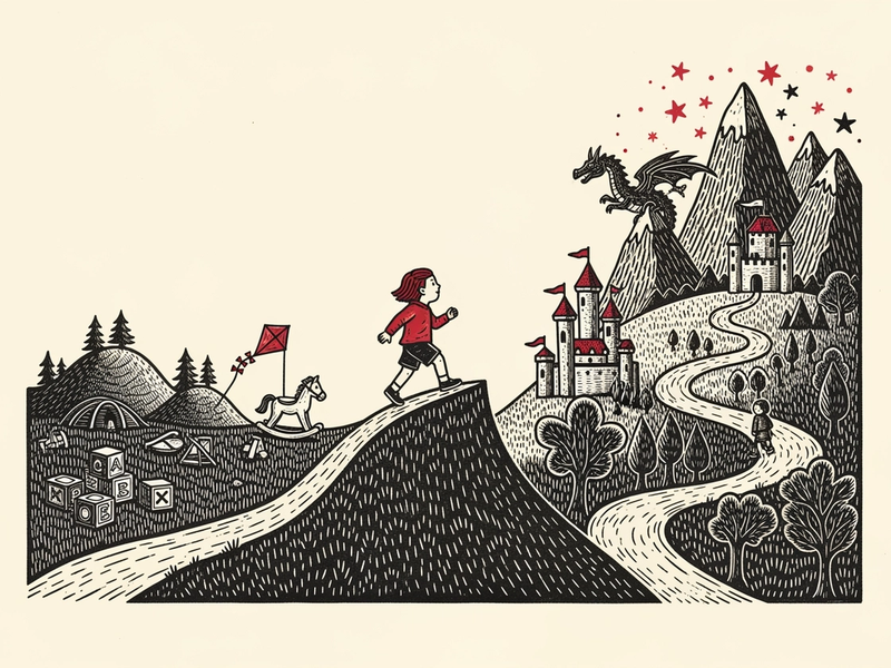 Linocut illustration: a ten-year-old strides up a path from a small world of toy blocks and a rocking horse toward a bigger landscape of castles, mountains and a dragon.
